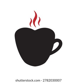 A simple black silhouette of a steaming hot coffee cup with red steam rising, on a white background.