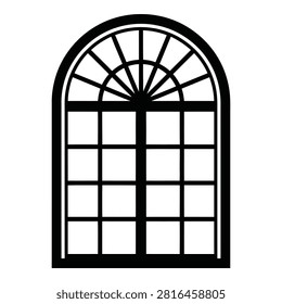 A simple black silhouette of a tall arched window featuring a decorative fanlight top. Minimalist design suitable for architectural concepts and iconography.