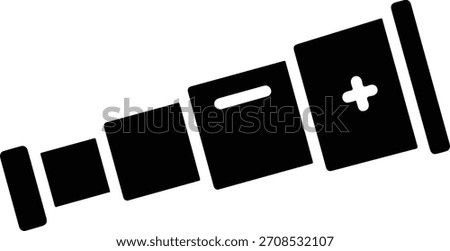 Simple Black Silhouette of a Telescope with Distinct Sections Showing Magnification Power Indicated by Plus and Minus Symbols on a Clean White