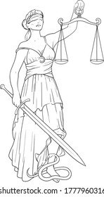 Simple Black Silhouette of Themis Goddess of Justice with a blindfold and a scale in one hand and a sword in the other