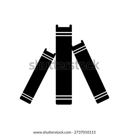 A simple black silhouette of three books, one standing upright and two leaning against it, on a white background.