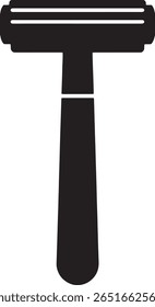 Uma silhueta simples e preta de uma navalha de segurança de três lâminas é representada contra um fundo branco.  O design da navalha é clássico e simples.