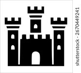 A simple, black silhouette of a three-towered castle against a white background.  The image is a stylized representation, lacking intricate detail.