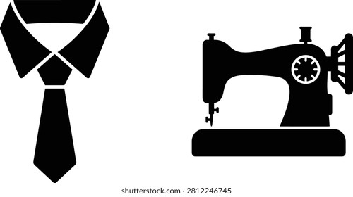 Simple black silhouette of tie paired with oldfashioned sewing machine icon
