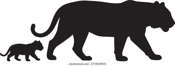 Simple black silhouette of a tiger and cub walking together. Minimalist animal family illustration for nature and parenting themes.