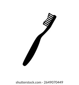 Uma silhueta preta simples de uma escova de dentes com uma alça curva e cerdas detalhadas. Ideal para tratamentos dentários, higiene, projetos médicos ou minimalistas relacionados à saúde