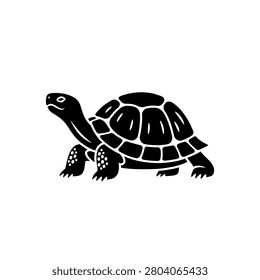 A simple black silhouette of a tortoise with its head extended and legs forward, walking on a white background.