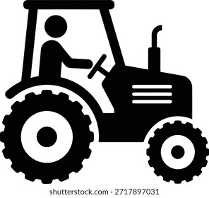 Una silueta negra simple de un tractor con un conductor en el interior, sobre un fondo blanco liso.