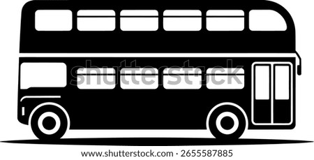 A simple black silhouette of a traditional double-decker bus, viewed from the side, with visible wheels and windows.