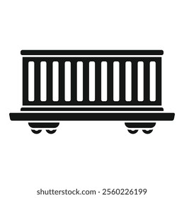 Simple black silhouette of a train wagon standing on railroad tracks, representing cargo delivery and transportation