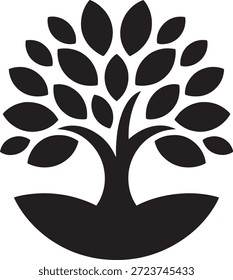 Simple black silhouette of a tree with leaves on a white background representing growth and nature in a minimalist design concept.