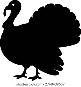 Simple black silhouette of a turkey on a white background with prominent tail feathers and distinctive beak