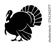A simple black silhouette of a turkey showcasing its iconic feathered tail
