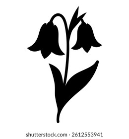 Simple Black Silhouette of Two Bellflower Flowers with Leaves and Stem