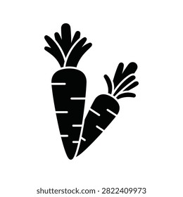 A simple black silhouette of two carrots, one larger than the other, on a white background. The icon represents healthy food and vegetables.