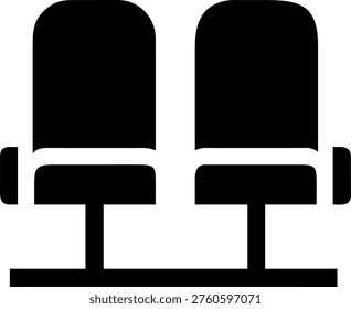 A simple black silhouette of two chairs placed next to each other on a white background.