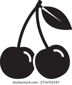 Una silueta negra simple de dos cerezas en un tallo con una sola hoja
