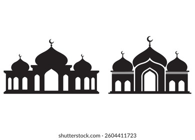 Simple Black Silhouette of Two Mosques A vector graphic showcasing two simple, black silhouette mosque designs on a white background.