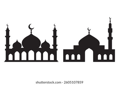 Simple Black Silhouette of Two Mosques Two stylized silhouette images of mosques, presented in a clean, simple black and white design.