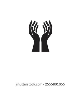 Simple black silhouette of two open hands raised in a gesture of support, symbolizing care, giving, or protection. Ideal for concepts of charity, spirituality, or human connection.