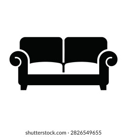 A simple black silhouette of a two-seater sofa with rolled arms on a white background