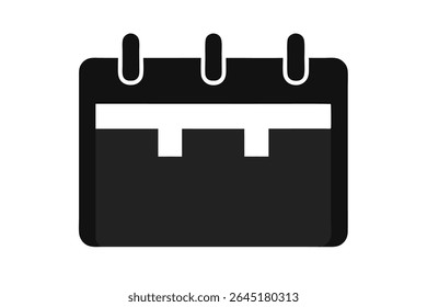 A simple black silhouette vector calendar icon against a white background features a minimalist design with rounded corners and a slightly three-dimensional effect. 