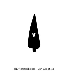 Silueta negra simple del ícono del árbol de navidad del Vector con el corazón, ideal para los diseños festivos y los proyectos del día de fiesta, evocando una sensación de celebraciones invernales y de decoraciones tradicionales
