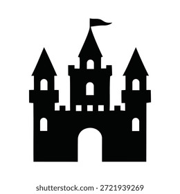 Icono de Vector de silueta negra simple que representa una estructura de castillo medieval o de cuento de hadas con múltiples torretas, almenas y una entrada central arqueada, perfecta para temas de fantasía.