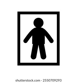 Simple black silhouette vector illustration of a human figure in a rectangular frame, depicting basic design and simplicity, ideal for use in signs, infographics, and user interfaces.