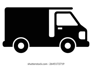 Uma simples ilustração de vetor de silhueta preta de um caminhão de entrega contra um fundo branco A imagem é minimalista e usa apenas cores pretas e brancas.