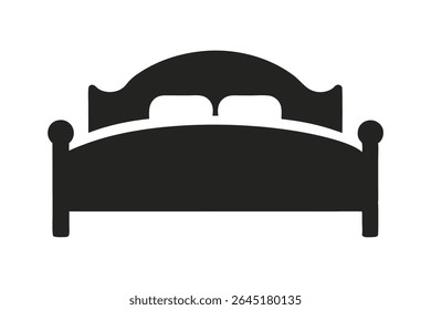 A simple black silhouette vector illustration of a bed with two pillows against a white background The style is minimalist and the mood is calm and restful