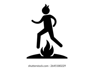 A simple black silhouette vector illustration of a person jumping over a fire graphic against a white background. The style is minimalist and the mood is active.