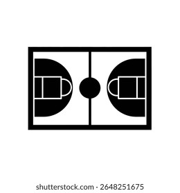 A simple black silhouette vector illustration of a basketball court diagram against a white background The style is minimalist and geometric.