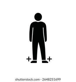 A simple black silhouette vector illustration of a person with a wide stance against a white background. The figure is minimalist and features plus symbols near the feet.