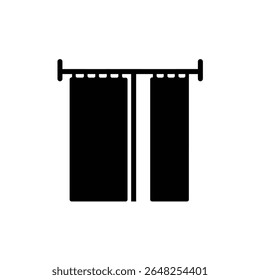 A simple black silhouette vector illustration of a court divider curtain icon against a white background The image is minimalist and features two rectangular panels hanging from a rod.