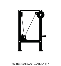 A simple black silhouette vector illustration of a pulley system against a white background The image is minimalist and features clean lines.