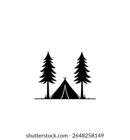 A simple black silhouette vector illustration of a tent nestled between two pine trees against a white background. The style is minimalist and the image is composed of basic shapes.