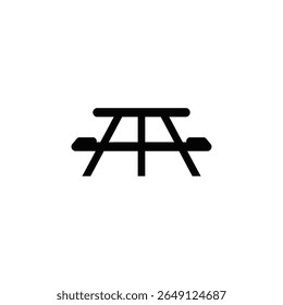 A simple black silhouette vector illustration of a picnic table against a white background The icon is minimal and features a table and two benches