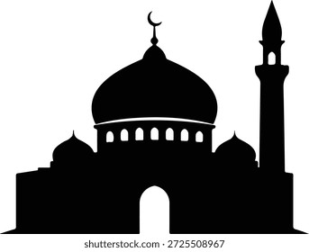 Ilustración vectorial de silueta negra simple de un edificio de mezquita tradicional, con una Grande cúpula, múltiples cúpulas y un minarete alto coronado con una luna creciente. Este gráfico aislado y escalable es ideal como icono o elemento de diseño para celebrar fiestas islámicas como Ramadán, Eid al-Fitr o para conceptos religiosos y arquitectónicos.