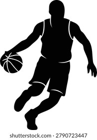 Simple black silhouette vector illustration of a professional basketball player dribbling a round ball while running forward during an intense competitive sports game