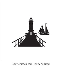 Simple black silhouette vector illustration of a majestic lighthouse standing at the end of a wooden pier with a passing sailboat. This clean graphic design represents safety, guidance, and the allure of the sea. Perfect for coastal logos, maritime-themed illustrations, and creative projects.