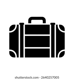 A simple, black silhouette of a vintage suitcase with a handle and side straps is displayed against a white background.  The image is a solid, flat design.