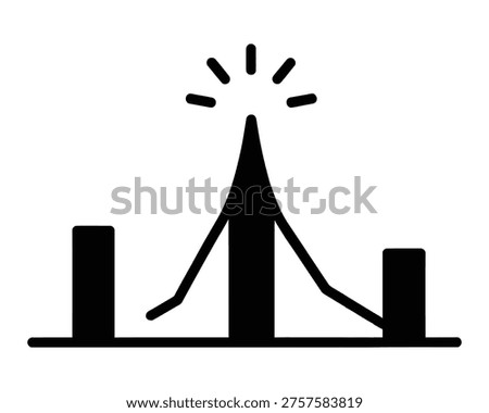 A simple black silhouette of a volcano erupting with rays emanating from the top on a white background