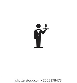 Simple black silhouette of a waiter holding a drink on a tray, symbolizing hospitality and service. Perfect for use in signage, menus, and catering promotions.