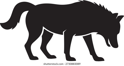 Simple black silhouette of a wolf with its head lowered, possibly investigating something on the ground or drinking.