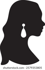 Simple black silhouette of a woman's profile, featuring flowing hair and large, ornate earrings.