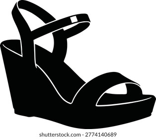 A simple black silhouette of a women's wedge sandal with a strap around the ankle