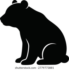 A simple black silhouette of a young bear sitting down, viewed from the side. The bear has rounded ears and a gentle posture.
