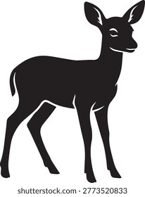 Simple black silhouette of a young deer fawn standing. Minimalist flat vector illustration of a baby deer representing innocence and nature.