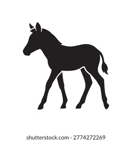 Simple black silhouette of young foal isolated on white background